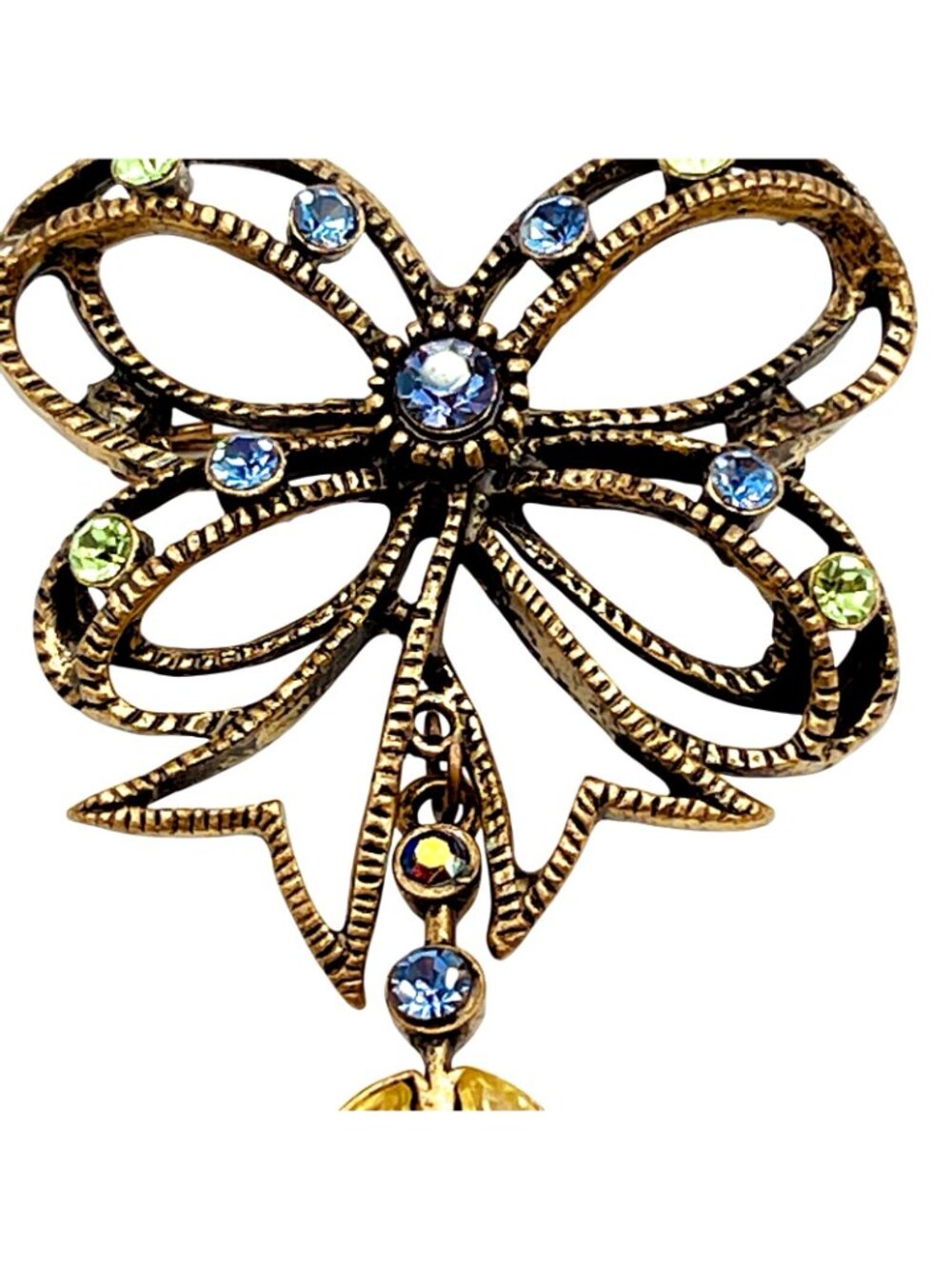 Vintage BOHO Bow Brooch Spring Green Purple Crystal Angel Fairy Whimsygoth 1960s - Picture 3 of 11